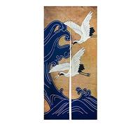 LIGICKY Cortina de lino estilo retro japonés Noren para puerta, diseño de grulla blanca y azul con estampado de ondas asiáticas, para colgar en ventanas, para sushi, cocina, decoración del hogar, 85
