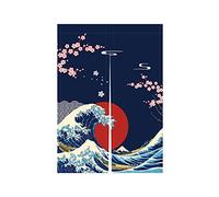 LIGICKY - Cortina de puerta japonesa Noren Ukiyoe Hokusai La Grande Wave de Kanagawa Sol Flores de cerezo Decoración para el hogar y restaurante 85 x 120 cm, color azul