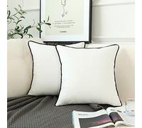 LIGICKY Juego de 2 fundas de almohada de terciopelo blanco, estilo minimalista moderno, sólido decorativo con borde de cuerda negra, fundas de cojín cuadradas suaves para sofá, dormitorio, decoración