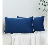 LIGICKY Juego de 2 fundas de cojín lumbar de terciopelo azul Nayy, estilo moderno y minimalista, color liso decorativo, borde de cuerda blanca, fundas de cojín rectangulares suaves para sofá