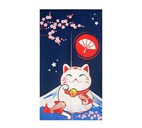 LIGICKY Noren,Cortina de puerta de estilo japonés, estilo tradicional de montaña, fuji, gato de la suerte, estampado de flor de cerezo, algodón y lino, 85x150 cm, azul marino