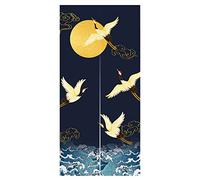 LIGICKY Noren Cortina de puerta estilo japonés con grúas y olas doradas, estampado de luna llena de algodón y lino, para decoración del hogar, 85 cm de ancho x 180 cm de largo, color azul marino