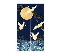 LIGICKY Noren - Cortina para Puerta, Estilo japonés, diseño de grúas y Olas Doradas, Estampado de Luna Llena, algodón y Lino, para decoración del hogar, 85 x 150 cm, Color Azul Marino