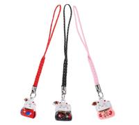 LIGIGWASH 3 Piezas Llavero Fengshui Gato Suerte Cerámico Colgante Teléfono y Bolsa con Campanas Rojo Negro y Rosa Diseño Japonés Maneki Neko