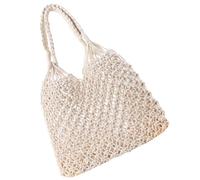 LIGIGWASH Bolso de Hombro Tejido a Mano de Algodón Blanco Bolsa de Playa Grande y Ligera para Verano Shopping y Picnic Bolso Casual de Mujer Diseño de Malla y Gran Capacidad