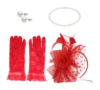 LIGIGWASH Conjunto de Tocado de Fiesta de Té Rojo Sombrero Fascinador de Encaje y Guantes Cortos, Elegante y Cómodo para Reuniones en Iglesia o Bridal Shower