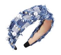 LIGIGWASH Diadema Anudada de Mezclilla con para Mujer Banda Ancha Antideslizante Accesorios de Moda con Pedrería para Fiestas y Diario