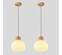 LIGKIN 2 Piezas Lámpara Colgante Vidrio E27 Lámpara Techo Colgante Retro Pantalla de Vidrio Luz de Techo Madera Deco para Dormitorio Salón Cafetería, Ø20cm