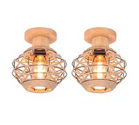 LIGKIN 2 Piezas Lámpara de Techo Ratán, Lámpara Colgante Boho, E27 Madera Vintage Industrial Diseño de Jaula de Techo, Retro Iluminación de Techo Interior para Loft, Dormitorio, Pasillo(Rómbico 20CM)
