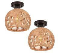 LIGKIN - Juego de 2 plafón vintage industrial, E27 lámpara de techo retro Ø20 cm de madera con forma de diamante de metal y cuerda de cáñamo, luz de techo para sala de estar, dormitorio, color negro