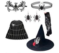 LIGSLN Disfraz de bruja de Halloween para niña, cosplay, incluye capa, sombrero, máscara, gargantilla, collar, aretes, calcetines, detalles exquisitos