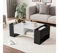 Ligterra 105 x 60 x 40,5 cm Mesa de centro moderna, mesa auxiliar, mesa de sofá, muebles de salón, mesa de salón con superficie brillante, cajón y 4 compartimentos abiertos (negro + blanco)