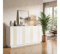 Ligterra Aparador de cocina buffet armario de almacenamiento con 4 puertas 35 x 140 x 70 cm, taquilla con divisores ajustables, armario para salón y dormitorio, color blanco y dorado