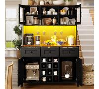 Ligterra Armario alto, armario buffet, armario de cocina, vitrina de pie, aparador con conexiones y enchufes, con 4 puertas, 3 cajones, barra de luz LED, para cocina, comedor, 120 × 40 × 170 cm (negro