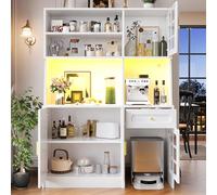 Ligterra Armario alto, armario buffet, armario de cocina, vitrina de pie, aparador con puertas de cristal e iluminación LED, para cocinas, comedores, salones, 130 × 45 × 180 cm (blanco)