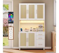 Ligterra Armario de cocina de 183 cm, armario de cocina buffet, armario vitrina, 2 x USB, 2 x enchufes, estantes ajustables, 3 cajones, tiradores de metal dorado para cocinas y comedores, color blanco