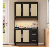 Ligterra Armario de cocina de 183 cm, armario de cocina buffet, armario vitrina, 2 x USB, 2 x enchufes, estantes ajustables, 3 cajones, tiradores de metal dorado para cocinas y comedores, color negro
