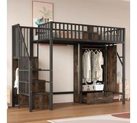 Ligterra Cama alta de 90 x 200 cm, cama infantil, cama individual de metal, con diseño de barandilla de madera y rejilla de metal, con armario grande, cajones y escalera de almacenamiento (negro)