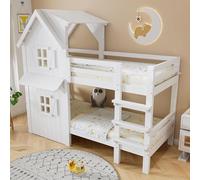 Ligterra Cama alta para niños de 90 x 200 cm, litera, hermosas ventanas y techo, barandillas de seguridad laterales, escalera recta de tres niveles, somieres estables, cama de madera maciza, sin