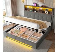 Ligterra Cama doble 180 x 200 cm, cama juvenil, cama de terciopelo: 6 compartimentos, bolsillos laterales, USB-C, LED, función hidráulica y gran espacio de almacenamiento bajo la cama, sin colchón