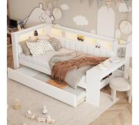 Ligterra Cama infantil de 90 x 200 cm, cama juvenil con escritorio, cama de día, cama de día acolchada con puertos USB y cinturón LED, cama funcional con cama nido, sin colchón (blanco)
