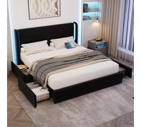 Ligterra Estructura de cama de 140 x 200 cm con iluminación LED, 4 cajones grandes, acolchado grueso y puertos USB, moderna cama de almacenamiento con alas en color negro