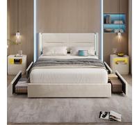 Ligterra Estructura de cama de 160 x 200 cm con iluminación LED, 4 cajones grandes, acolchado grueso y puertos USB, moderna cama de almacenamiento con alas en color negro