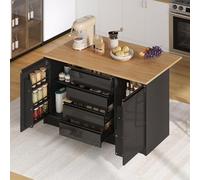 Ligterra Isla de cocina móvil, carrito de cocina, mesa de comedor extensible, armario buffet, armario de cocina con 4 cajones, 2 armarios y estante detrás de las puertas, 140 × 80 × 90 cm (negro y