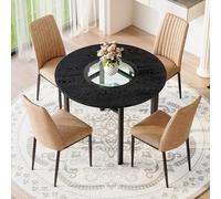 Ligterra Juego de mesa de comedor con 4 sillas, mesa redonda de 100 cm de diámetro, con estante integrado y 4 sillones de tela de alta tecnología, para comedor, salón (marrón+negro)