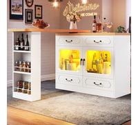 Ligterra Mesa de bar extensible, mesa de bar con espacio de almacenamiento, mesa alta con isla de cocina, mesa de comedor giratoria 360°, 4 cajones, estante para aperitivos, con LED, para salón