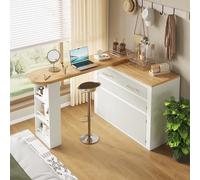 Ligterra Mesa de bar extensible, mesa de bar con espacio de almacenamiento, mesa alta isla de cocina, mesa portátil con 1 cajón y 2 estantes, para cocina, salón, comedor, 137-215 × 39 × 102.3 cm