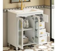 Ligterra Mueble de baño individual moderno mueble de baño con armario bajo 80 cm, blanco, lavabo de cerámica, resistente al agua, patas antideslizantes, fácil montaje