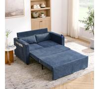 Ligterra Sofá cama 3 en 1 con función de dormir deslizante, convertible, sofá doble con soporte para bebidas, bolsillos laterales, cojines y puerto USB, para salón, dormitorio, color azul