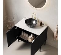 Ligterra Tocador de baño independiente con lavabo de cerámica ovalado a rayas, encimera de piedra Carrara sinterizado blanco, armario a rayas con puertas dobles, 76 x 48 x 89 cm (negro)