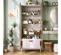 Ligterra Vitrina de cristal, vitrina de pie, armario de almacenamiento, armario alto con puerta de cristal, estantes de cristal ajustables en altura, decoración ondulada, patas de metal, adecuado para