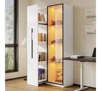 Ligterra Vitrina, vitrina de cristal, armario de despensa, armario alto, aparador con ruedas e iluminación LED, puertas de vidrio templado, marco de aluminio, 1 puerta&1 cajón lateral, 70×40×160cm