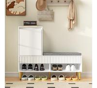 Ligterra Zapatero de almacenamiento para zapatos, con asiento de tela de algodón y lino, zapatero con banco, 1 puerta, 2 cajones, 2 estantes abiertos, 100 × 35 × 90 cm (blanco)