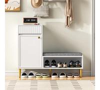 Ligterra Zapatero, zapatero, almacenamiento para zapatos, con asiento de tela de algodón y lino, zapatero con banco, 1 puerta, 1 cajón, 1 estante abierto, 100 × 35 × 82.2 cm (blanco)