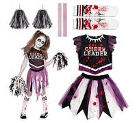 Ligtmor Disfraz de animadora zombi para niños, Halloween Cheerleading Costumes with Socks and Pom Poms Traje Cheerleader Terror para Halloween y Carnaval