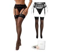 Liguero Sexy Mujer con Medias Encaje y Tanga, Liga con 4 Clips En Caja | Talla Grande XS-4XL Ligueros de Cintura Alta Elástico,Ligas Ajustables para Medias Lenceria Sexy Ropa Interior Hot