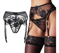 Ligueros y Tanga Set para Mujer Sexy Encaje Conjunto de Lencería con Liguero Transparente Ligas con 4 Clips Metálicos Ajustables para Medias Erótico Ropa Interior + G-string
