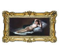 LIGUORO SHOP Cuadro Maja Desnuda de Francisco Goya Reproducción impresa en banner de tela con marco barroco, 96 x 56 cm (dorado/negro)