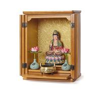 LIHDNGXM Estantería de Altar Budista Chino con Puertas y Tabla Desplegable, Templo Casero Hecho a Mano, Estatuilla Miniatura de Buda Sentado para Colocar Estatuas de Buda(Natural,23.3x19.5x31cm)