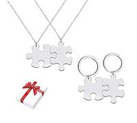 Liitata 2 piezas de rompecabezas colgante collar y 2 piezas de rompecabezas llaveros juego de parejas colgante pareja llavero de amistad para hombre mujer cumpleaños regalo San Valentín - plata