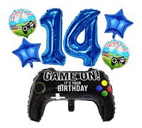 Liitata Juego de 14 globos decorativos de cumpleaños para niños jugadores cumpleaños número 14 globos aluminio color azul gran controlador juego globo de estrella para niño cumpleaños fiesta temática