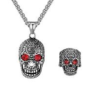 Liitata Juego de 2 anillos de calavera con colgante de calavera, collar de ojos de cristal rojo, anillo de esqueleto retro, cadena gótica, punk, hip hop para hombres
