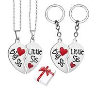 Liitata Juego de 2 collares para hermana y 2 llaveros con colgante de corazón Big Sis Little Sis Little Sis Set de llaveros para amigas, niñas, regalo de cumpleaños