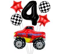 Liitata Juego de globos de carreras para coche carreras, 4 cumpleaños para niños, número de 4 globos aluminio, color negro, gran coche carreras, globos destino, para niños cumpleaños fiestas temáticas