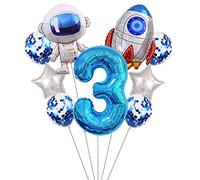 Liitata Juego de globos espaciales para 3 cumpleaños infantiles, decoración de cumpleaños con número 3, globos de papel de aluminio, color azul, grande, astronauta, cohetes, globos, estrellas, globos