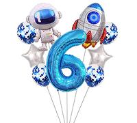 Liitata Juego de globos espaciales para 6 cumpleaños infantiles, decoración de cumpleaños con número 6, globos de papel de aluminio, color azul, grande, astronauta, cohetes, globos, estrellas, globos